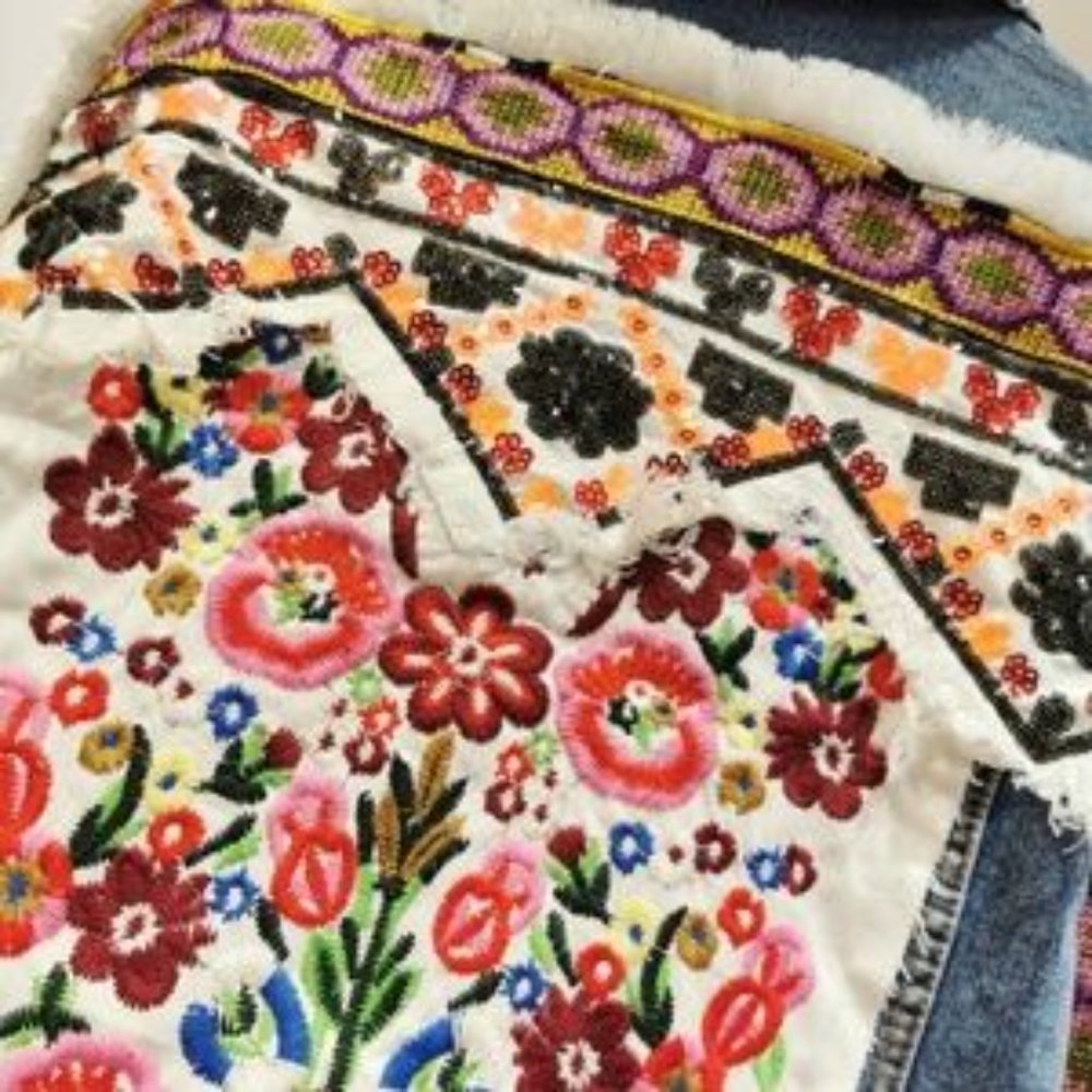 Boho Denim Blue Floral Embroidered Jean Jacket - Picture 10 of 11